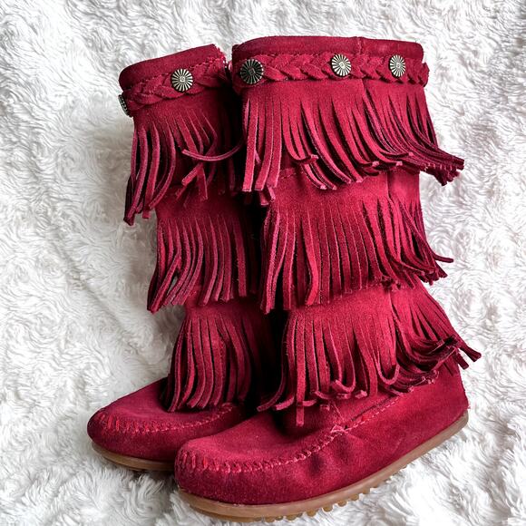 Minnetonka Suede 3-Layer Fringe Girls' Size 12 Toddler Red Zip Up Western - Picture 5 of 16